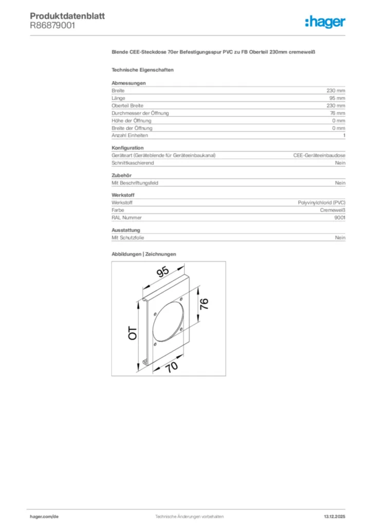 Bild Hager Produktdatenblatt R86879001 | Hager Deutschland