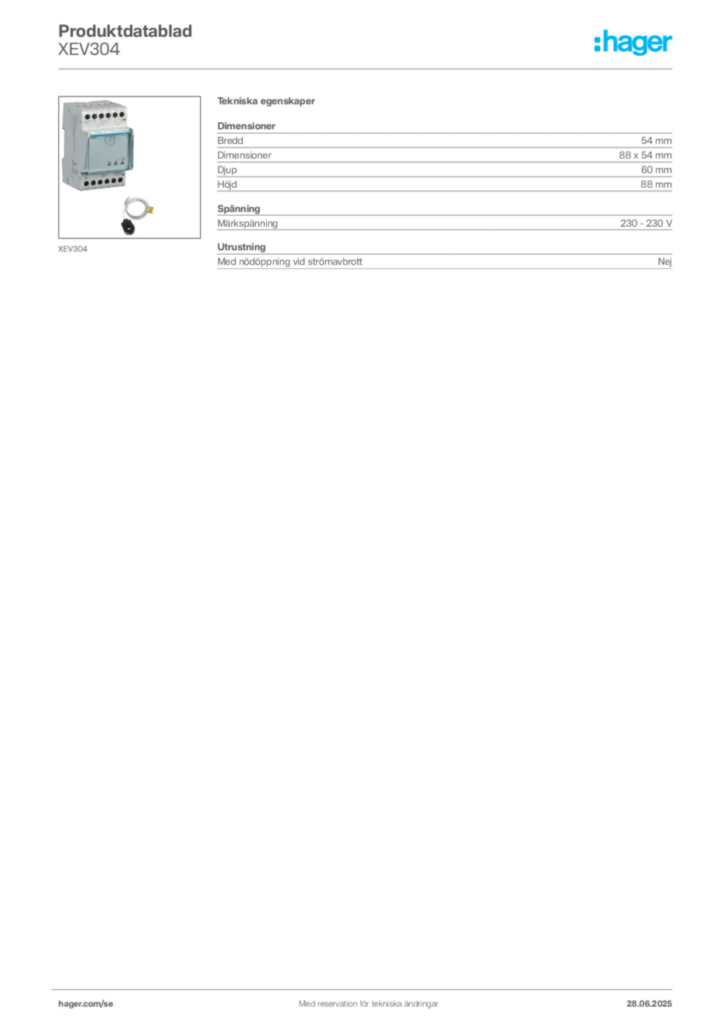 Bild Hager Produktdatablad XEV304 | Hager Sverige