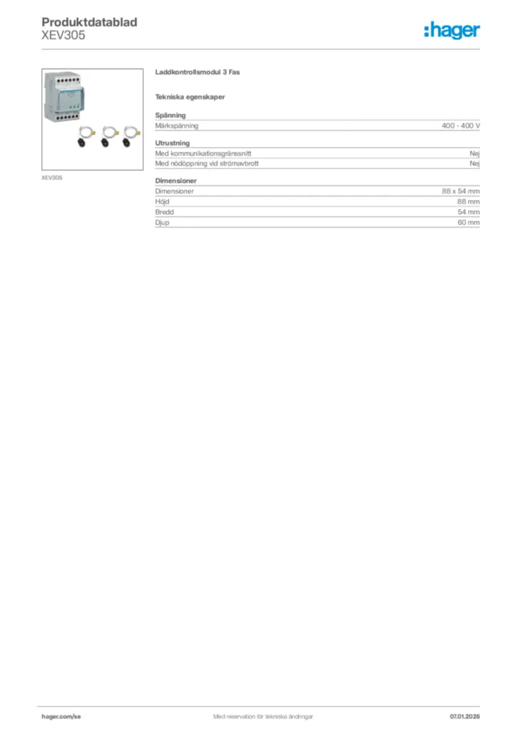 Bild Hager Produktdatablad XEV305 | Hager Sverige