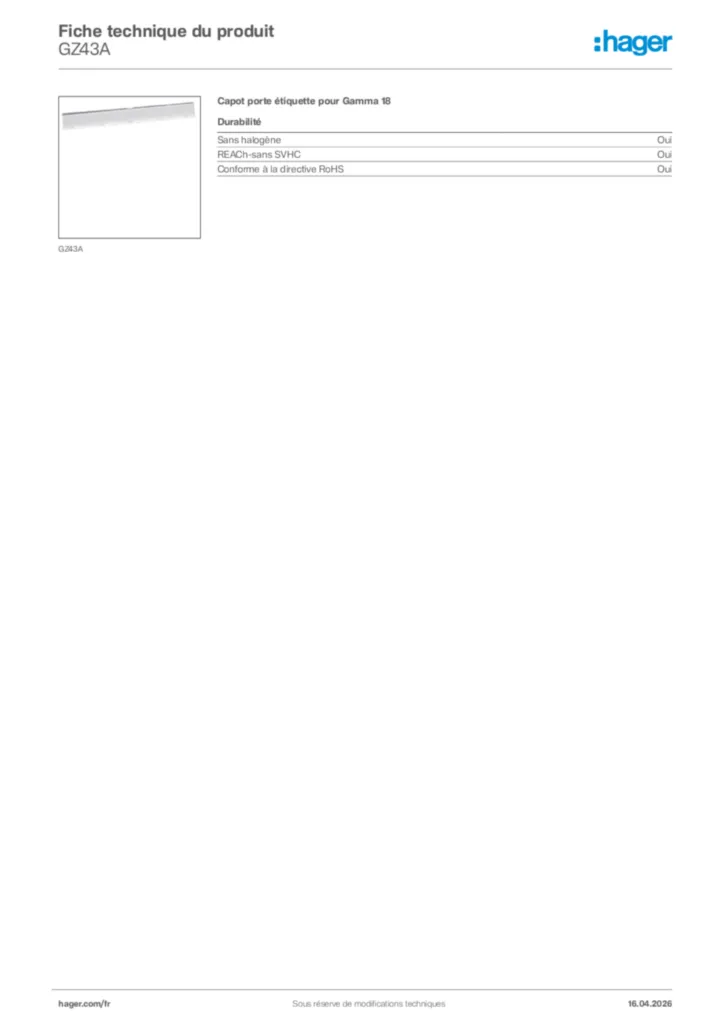 Image Hager Fiche technique du produit GZ43A | Hager France