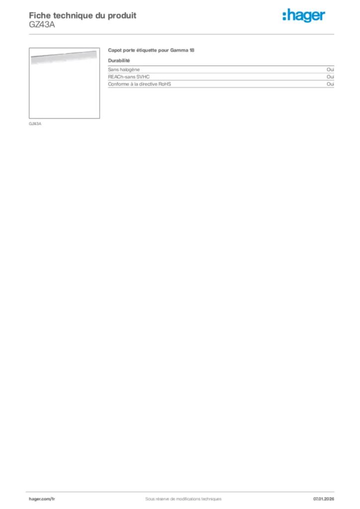 Image Hager Fiche technique du produit GZ43A | Hager France