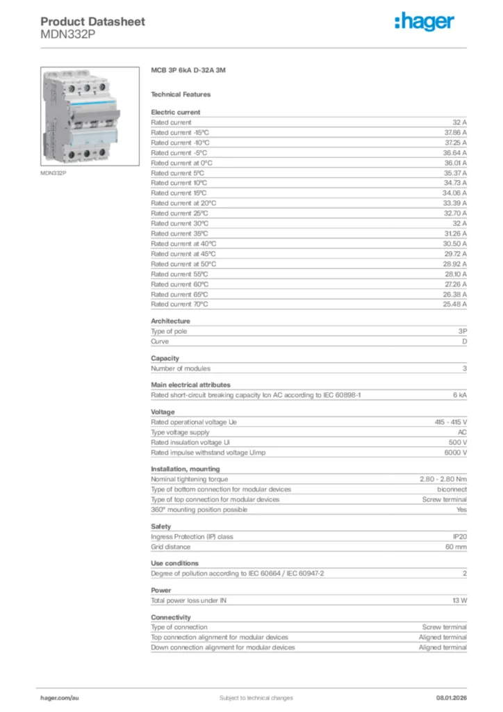 Image Hager Product data sheet MDN332P  | Hager Australia