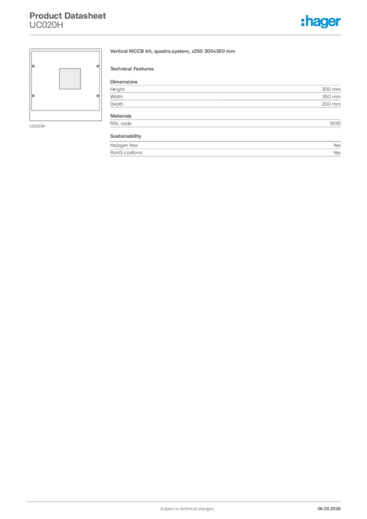 Image Hager Product data sheet UC020H  | Hager Africa