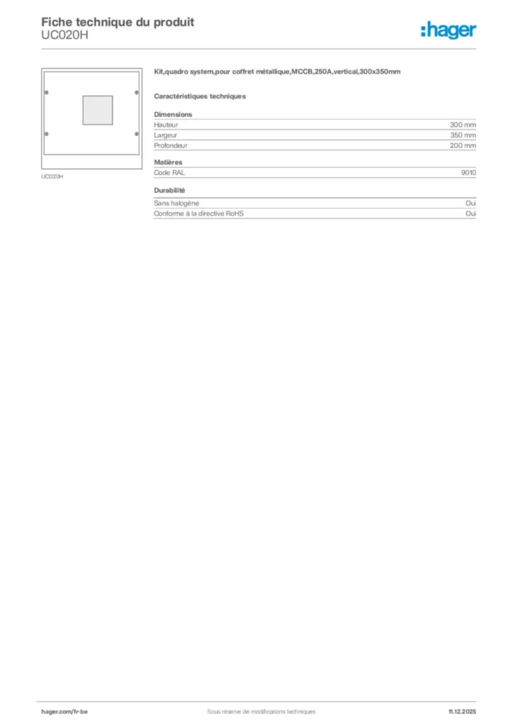 Image Hager Fiche technique du produit UC020H | Hager Belgique