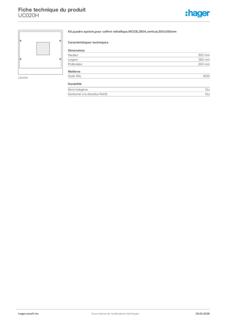 Image Hager Fiche technique du produit UC020H | Hager Belgique
