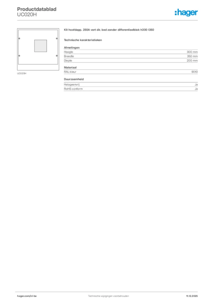 Afbeelding Hager Productdatablad UC020H | Hager Belgium