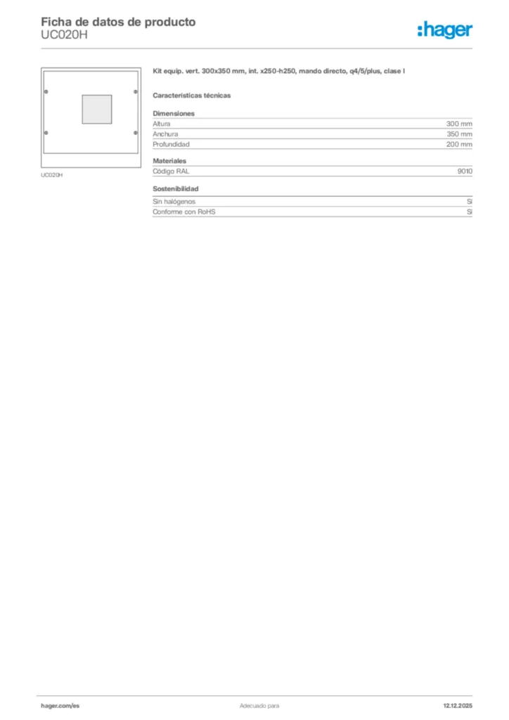 Imagen Hager Ficha de datos de producto UC020H | Hager España