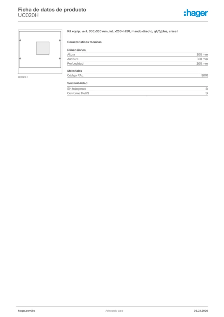 Imagen Hager Ficha de datos de producto UC020H | Hager España