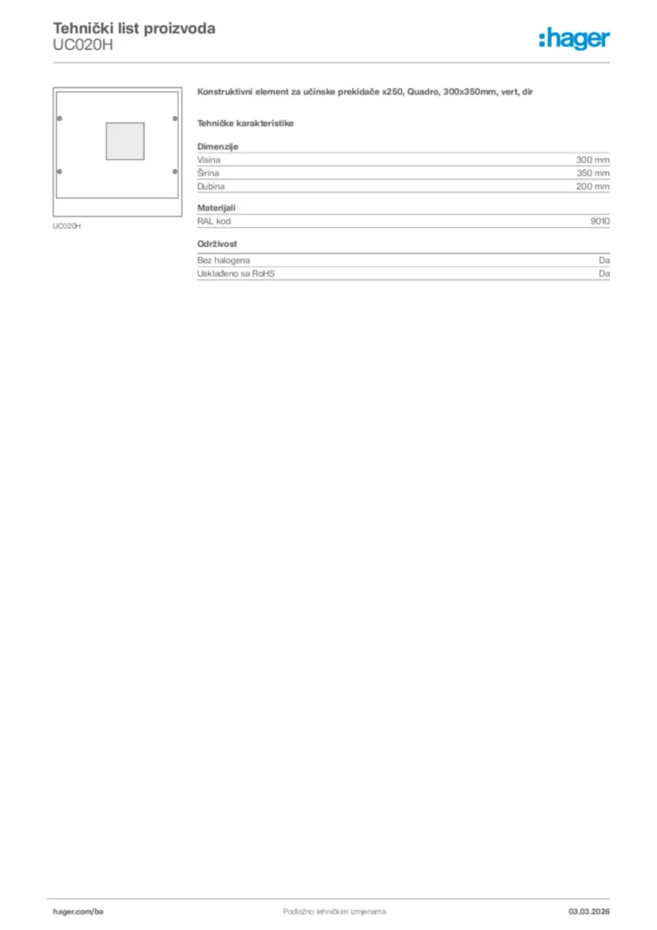 Slika Hager Tehnički list proizvoda UC020H  | Hager