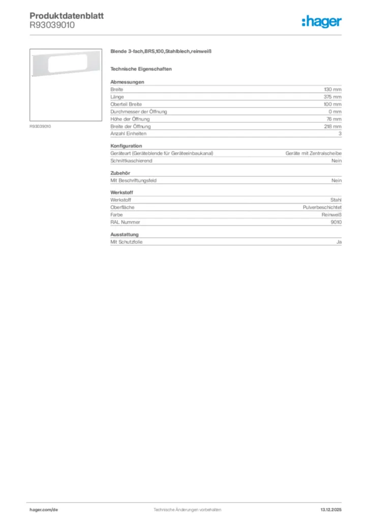 Bild Hager Produktdatenblatt R93039010 | Hager Deutschland