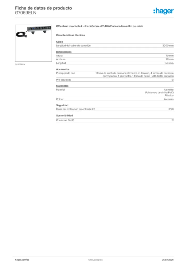 Imagen Hager Ficha de datos de producto G7069ELN | Hager España