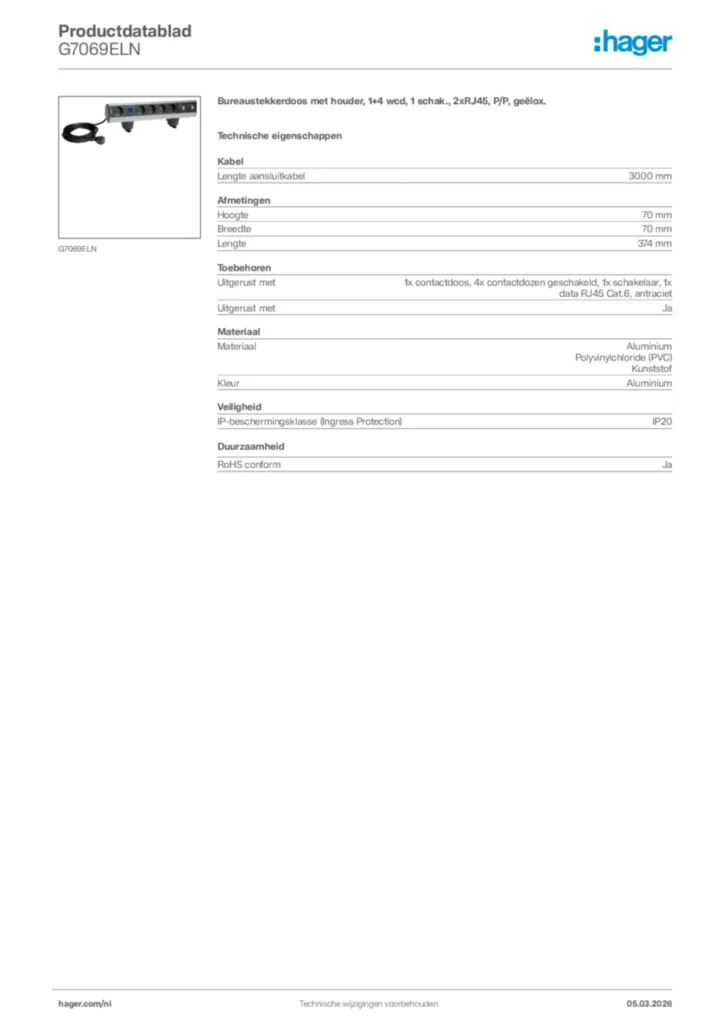 Afbeelding Hager Productdatablad G7069ELN | Hager Nederland