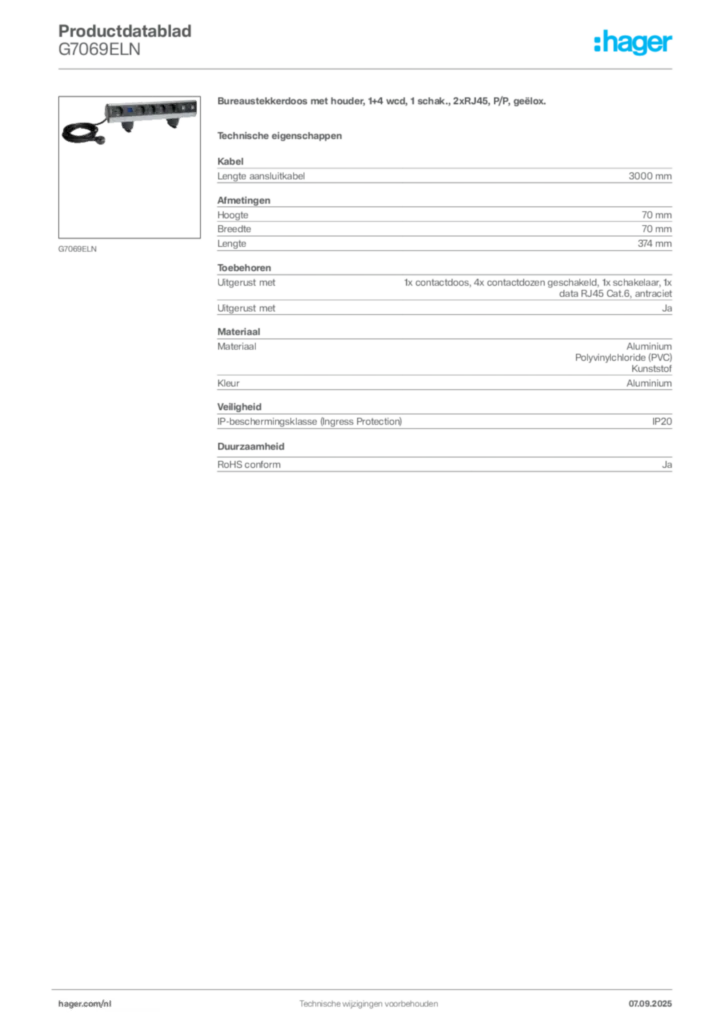Afbeelding Hager Productdatablad G7069ELN | Hager Nederland