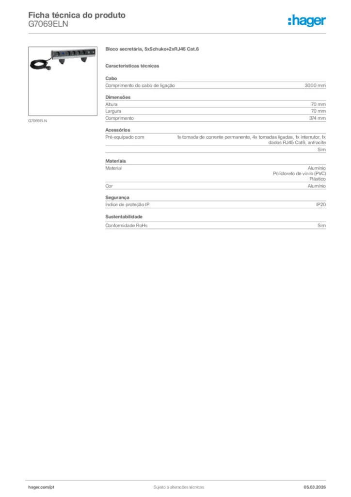 Imagem Hager Ficha técnica do produto G7069ELN | Hager Portugal