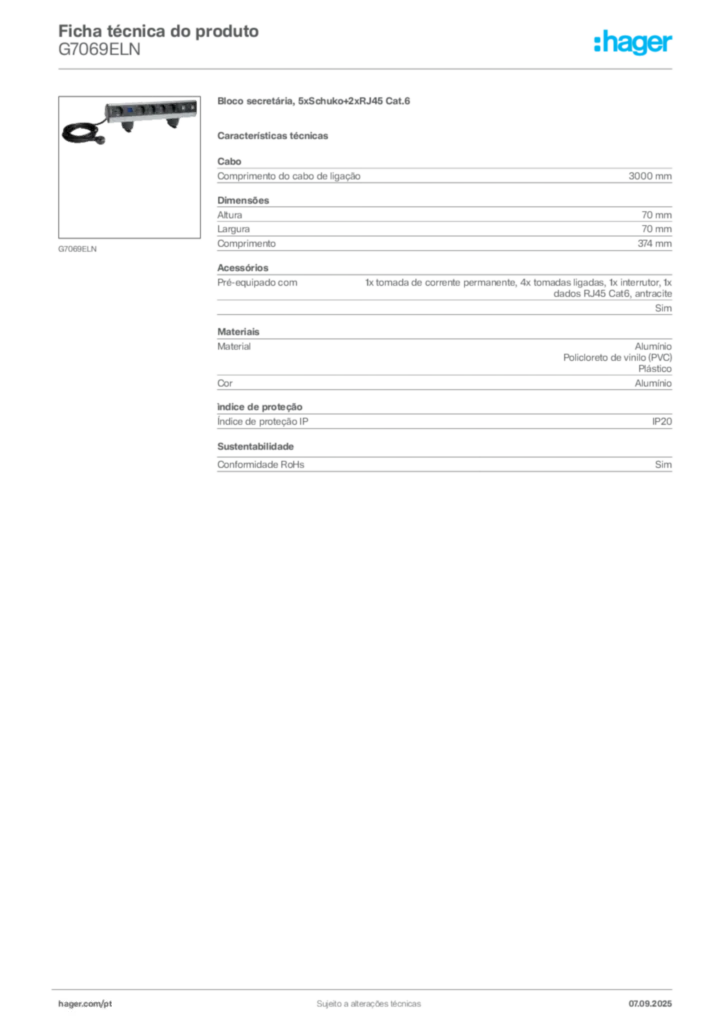 Imagem Hager Ficha técnica do produto G7069ELN | Hager Portugal