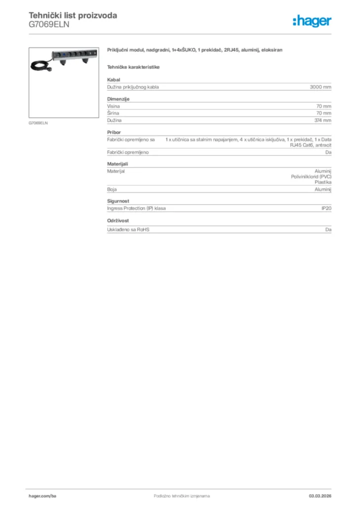 Slika Hager Tehnički list proizvoda G7069ELN  | Hager