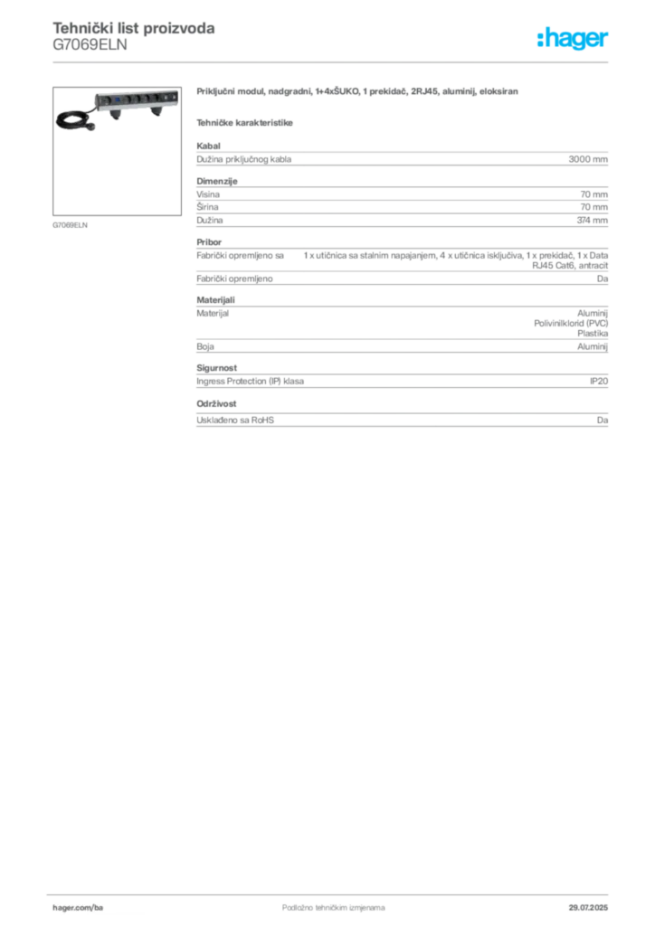 Slika Hager Product data sheet G7069ELN  | Hager