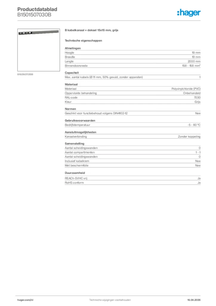 Afbeelding Hager Productdatablad B1501507030B | Hager Nederland