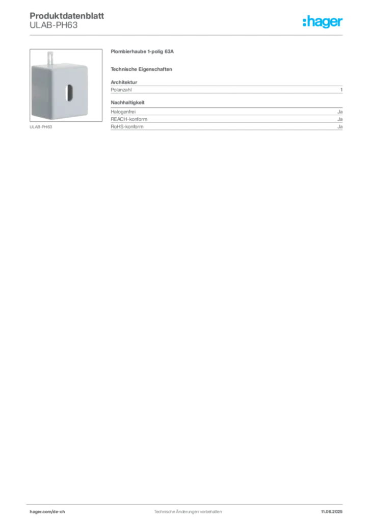 Bild Hager Produktdatenblatt ULAB-PH63 | Hager Schweiz