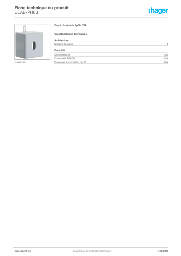Image Hager Fiche technique du produit ULAB-PH63 | Hager Suisse