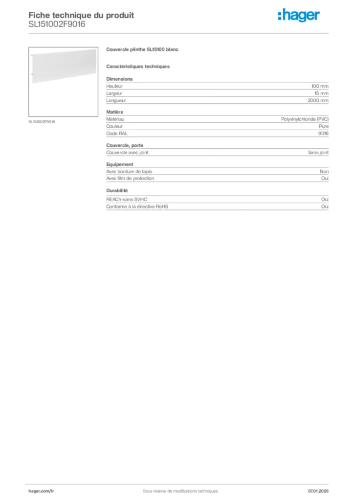 Image Hager Fiche technique du produit SL151002F9016 | Hager France