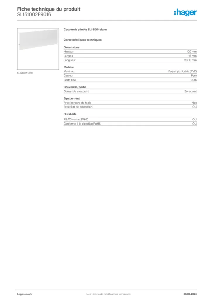 Image Hager Fiche technique du produit SL151002F9016 | Hager France