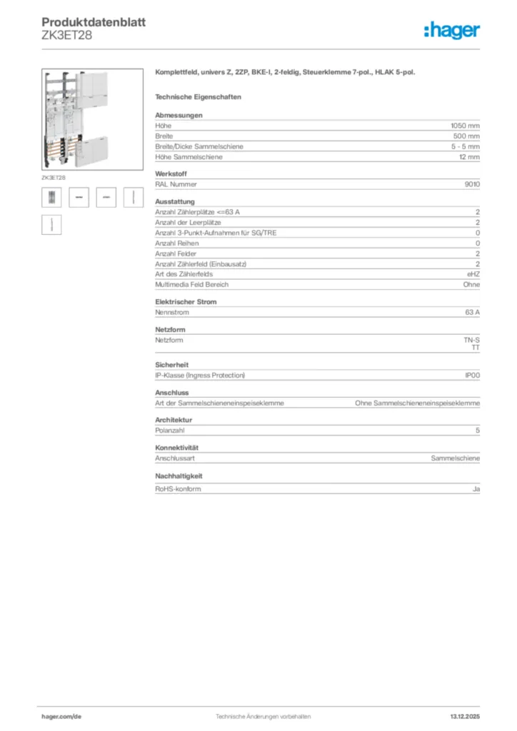 Bild Hager Produktdatenblatt ZK3ET28 | Hager Deutschland