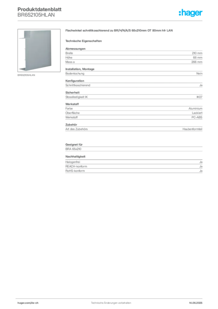 Bild Hager Produktdatenblatt BR652105HLAN | Hager Schweiz
