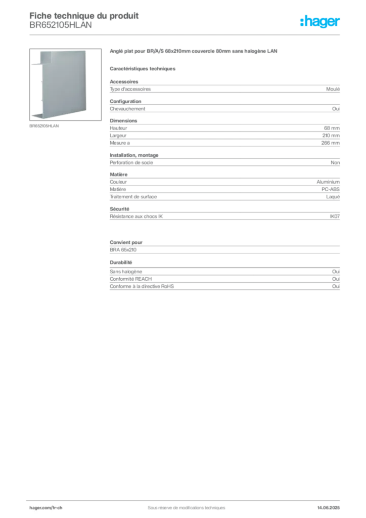 Image Hager Fiche technique du produit BR652105HLAN | Hager Suisse