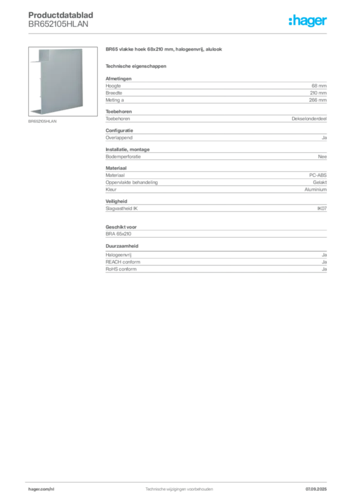 Afbeelding Hager Productdatablad BR652105HLAN | Hager Nederland
