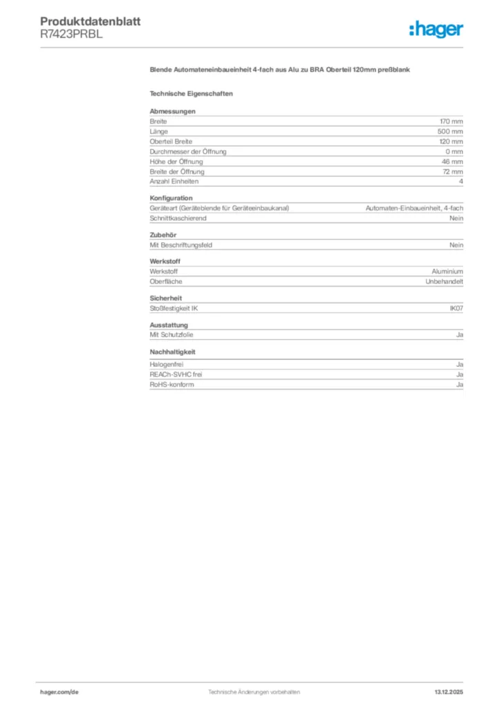 Bild Hager Produktdatenblatt R7423PRBL | Hager Deutschland