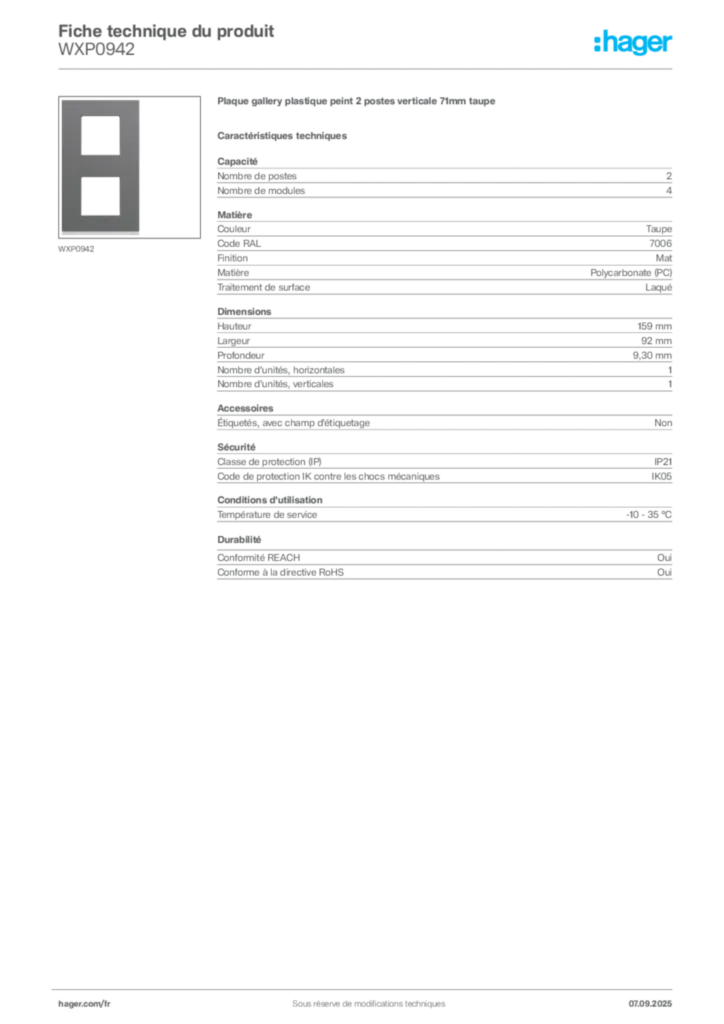 Image Hager Fiche technique du produit WXP0942 | Hager France