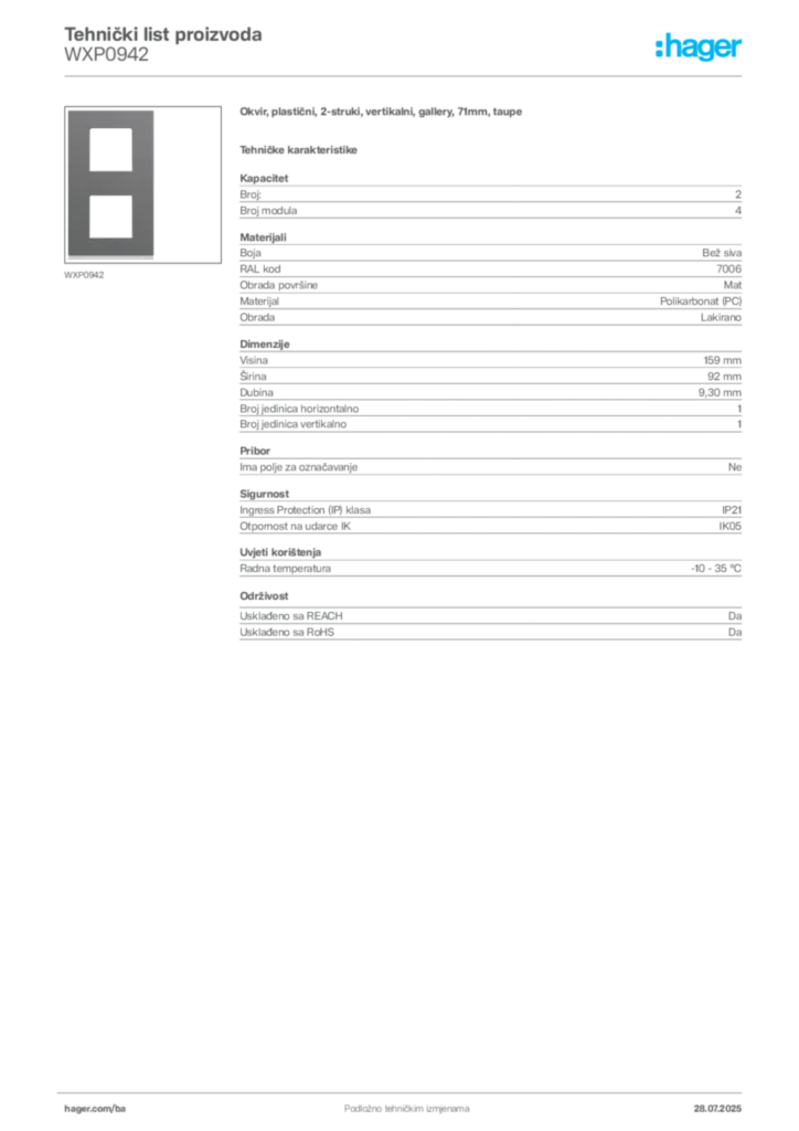 Slika Hager Product data sheet WXP0942  | Hager