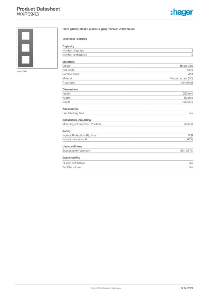 Image Hager Product data sheet WXP0943  | Hager Africa
