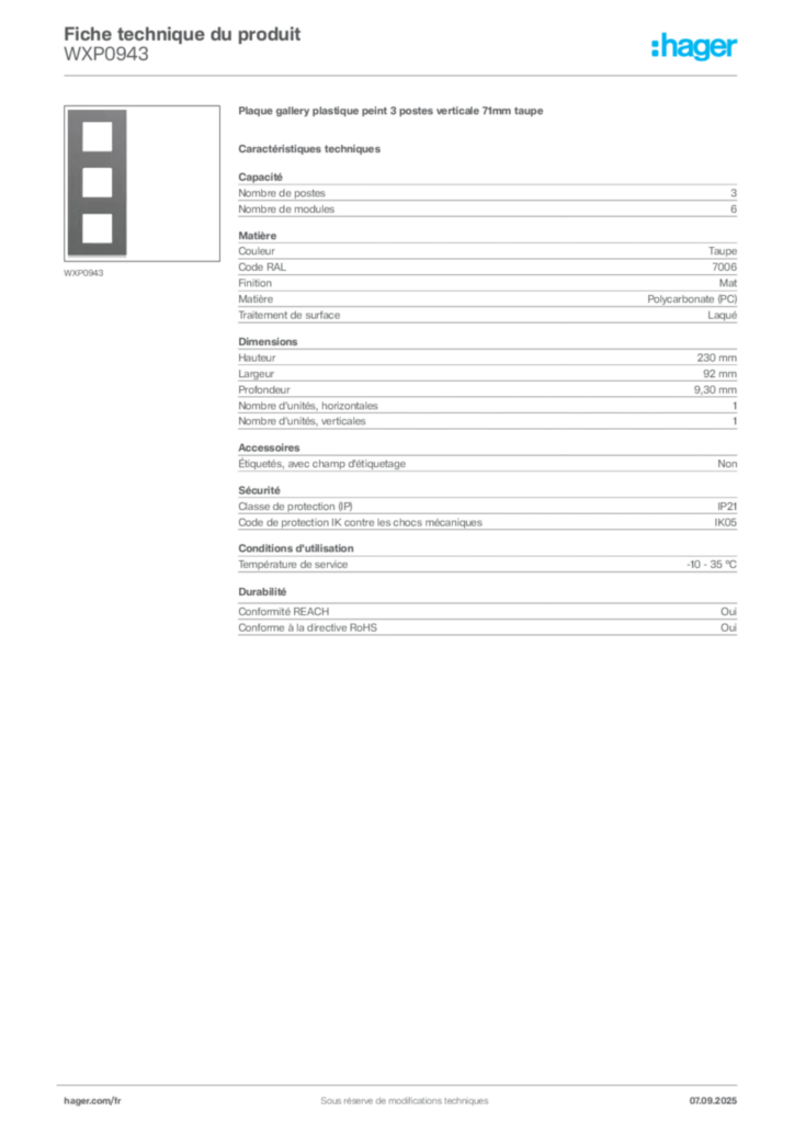 Image Hager Fiche technique du produit WXP0943 | Hager France