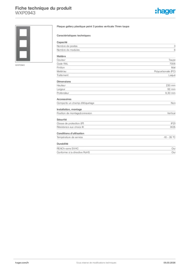 Image Hager Fiche technique du produit WXP0943 | Hager France