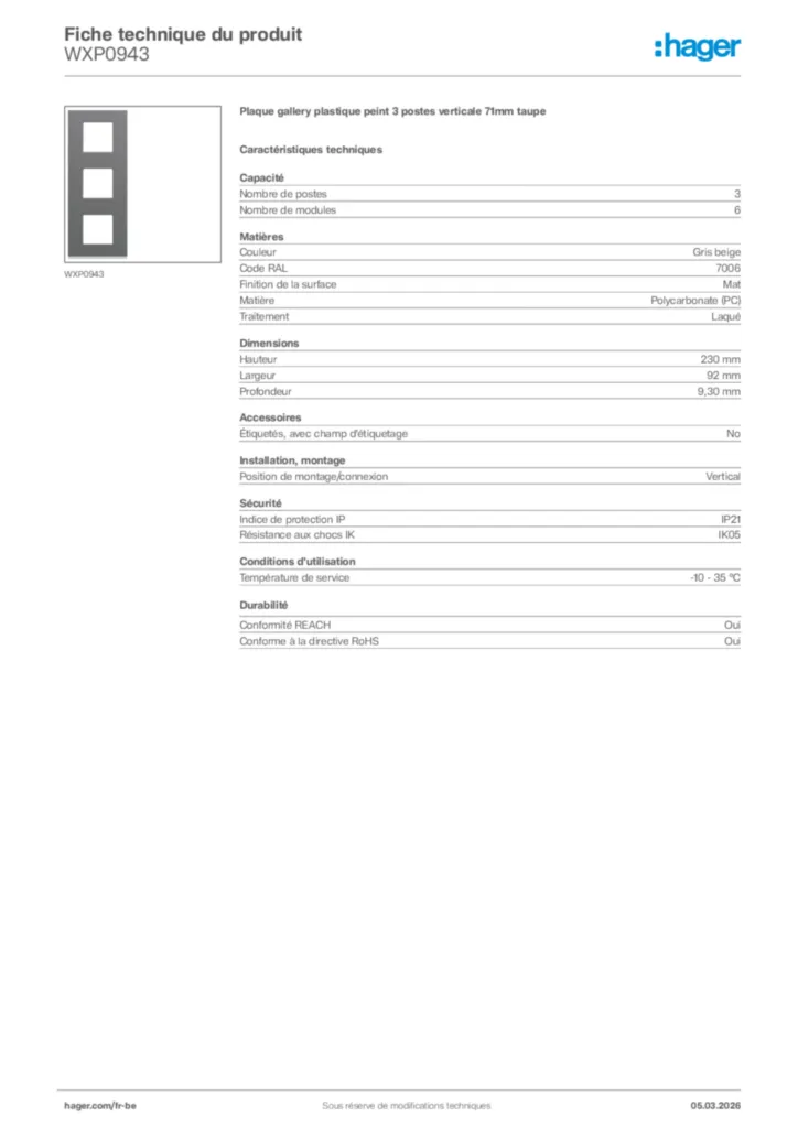 Image Hager Fiche technique du produit WXP0943 | Hager Belgique