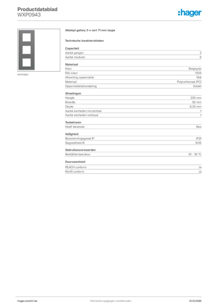 Afbeelding Hager Productdatablad WXP0943 | Hager Belgium