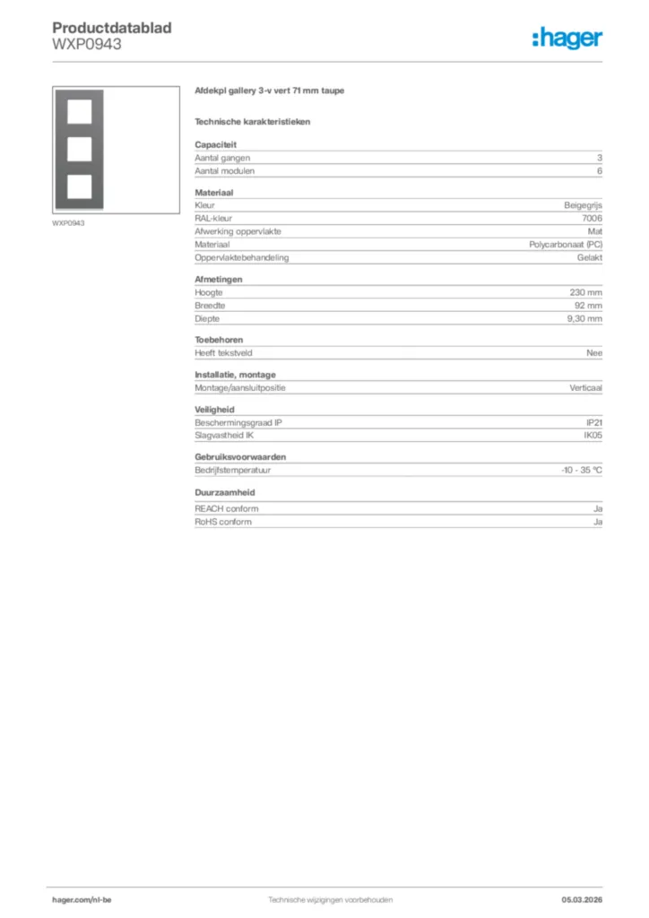 Afbeelding Hager Productdatablad WXP0943 | Hager Belgium