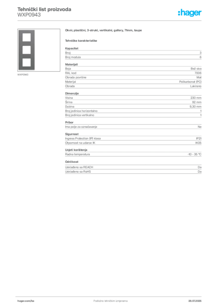 Slika Hager Product data sheet WXP0943  | Hager