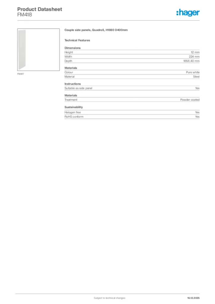 Image Hager Product data sheet FM418  | Hager Africa