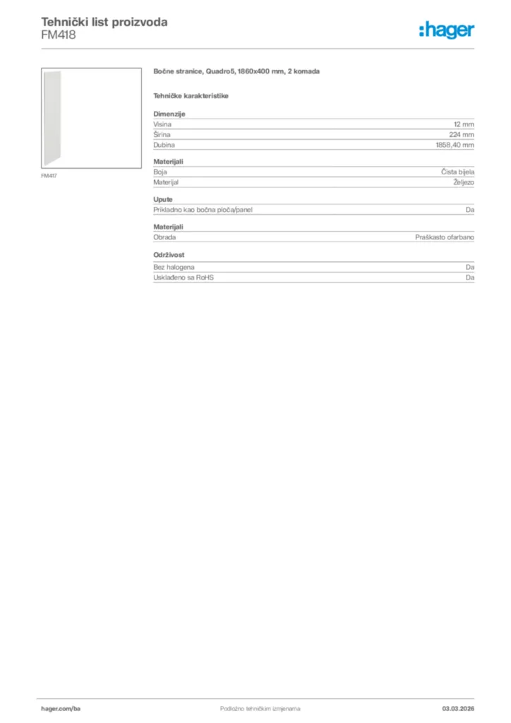 Slika Hager Tehnički list proizvoda FM418  | Hager