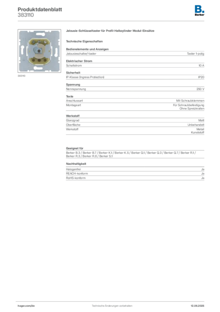 Bild Berker Produktdatenblatt 383110 | Hager Deutschland