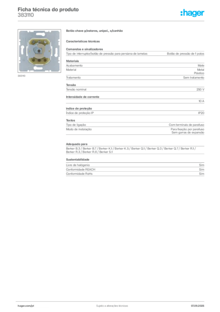 Imagem Hager Ficha técnica do produto 383110 | Hager Portugal