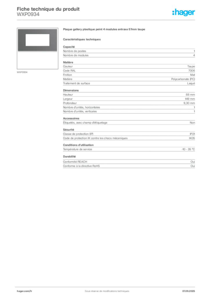 Image Hager Fiche technique du produit WXP0934 | Hager France