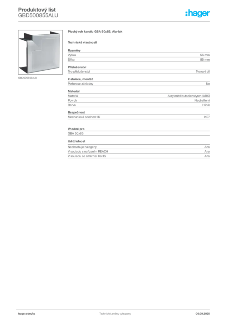 Obrázek Hager Produktový list GBD500855ALU | Hager
