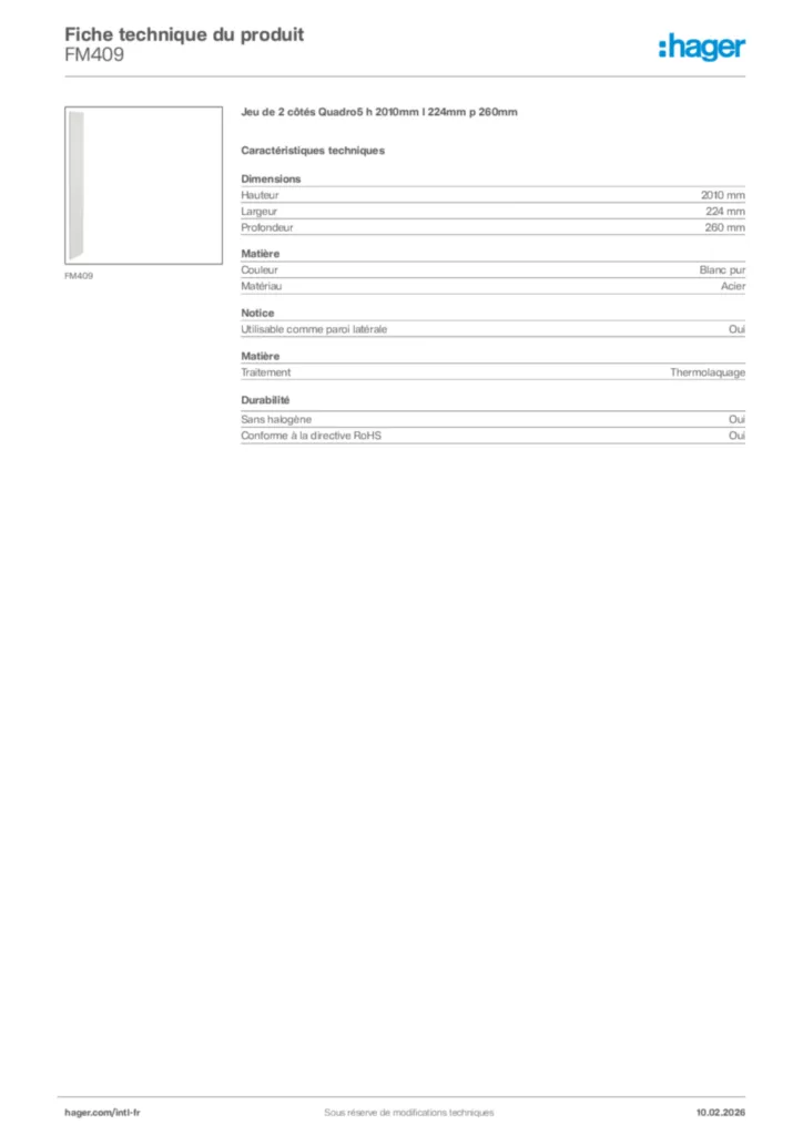 Image Hager Fiche technique du produit FM409 | Hager Afrique