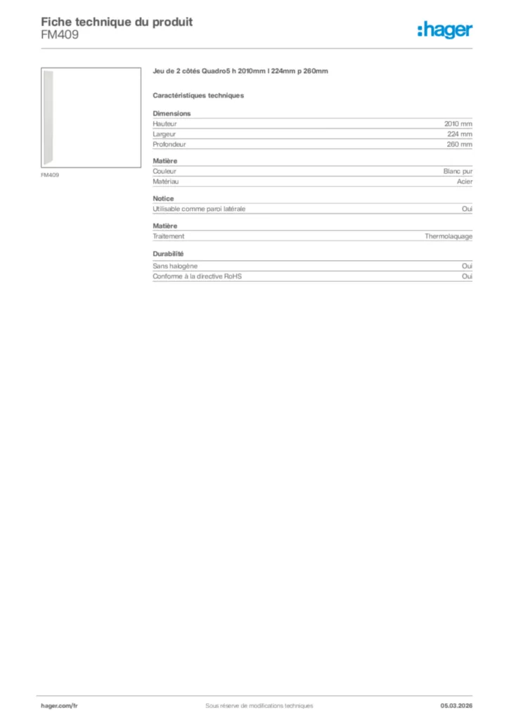 Image Hager Fiche technique du produit FM409 | Hager France