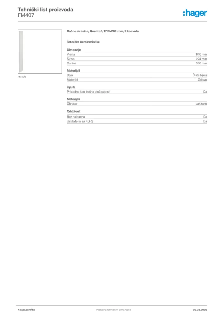 Slika Hager Tehnički list proizvoda FM407  | Hager