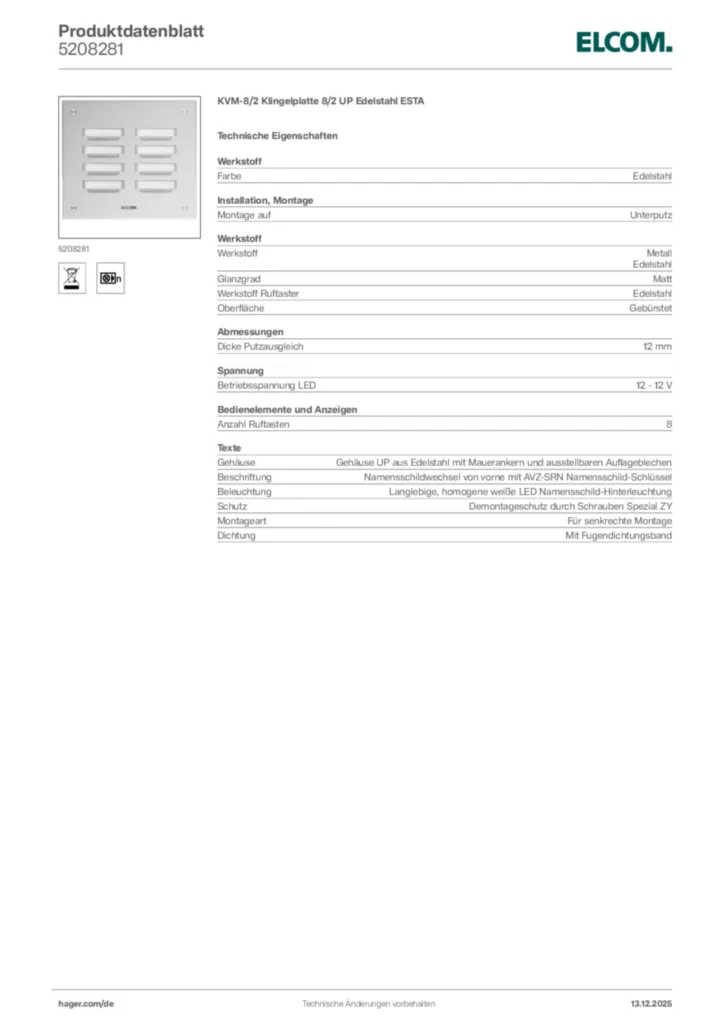 Bild Elcom Produktdatenblatt 5208281 | Hager Deutschland